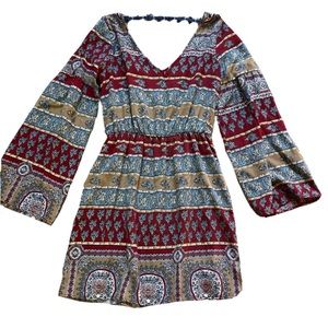 S - Women's ALTAR'D STATE Paisley Floral Flare Sleeve Dress Cinch Waist